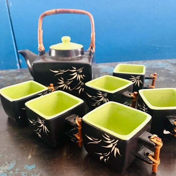 Asian Black Ceramic Tea Set from Vietnam – 7-Piece Set. Like new. - Picture 2 of 4